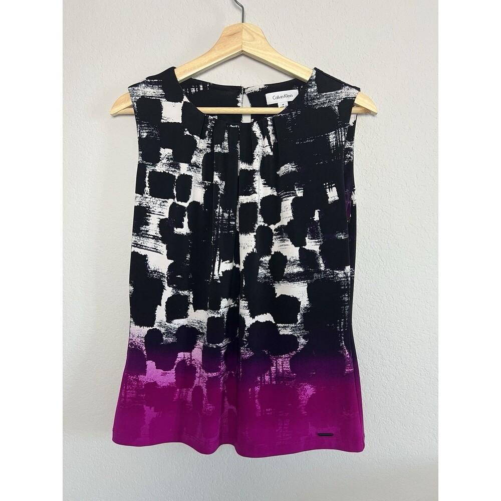 Calvin Klein Top Womens M Black Pink White Abstract Sleeveless Wardrobe Work